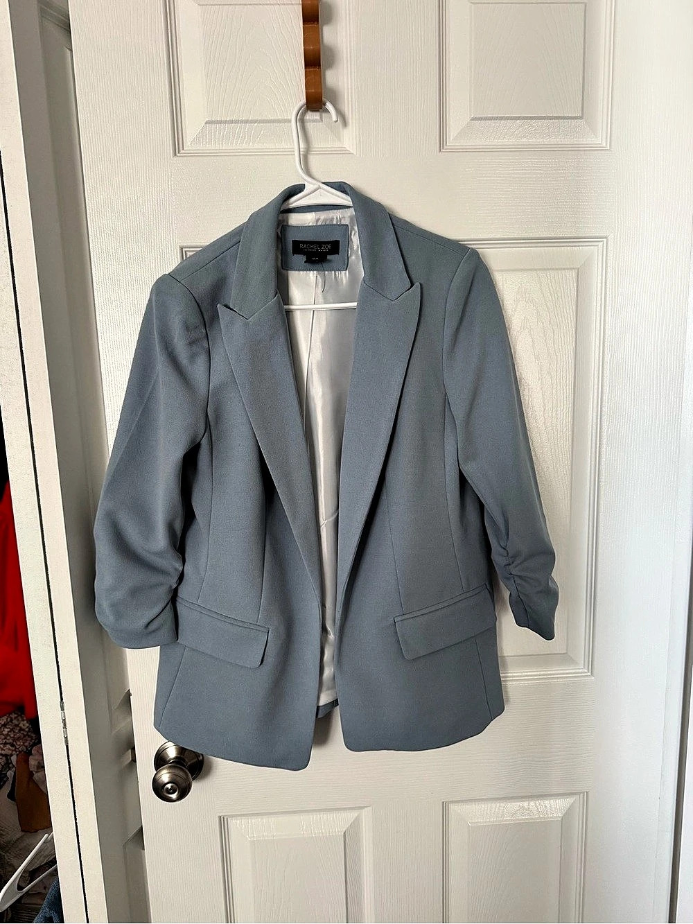 Rachel Zoe Ruched Sleeve Open Front Blazer Blue Medium